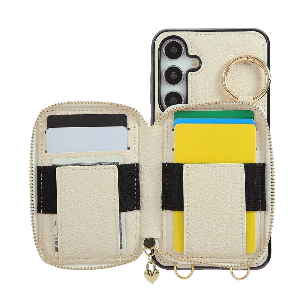 Phone Case For Samsung Galaxy S25+  /  S24+ Zipper Card Holder PU Leather Phone Back Cover with Shoulder Strap - Beige - 3
