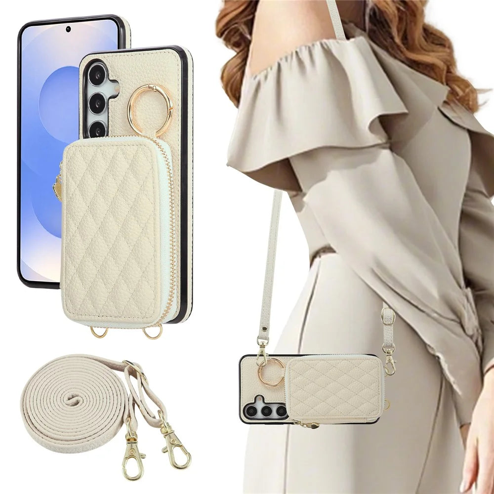 Phone Case For Samsung Galaxy S25+  /  S24+ Zipper Card Holder PU Leather Phone Back Cover with Shoulder Strap - Beige - 5