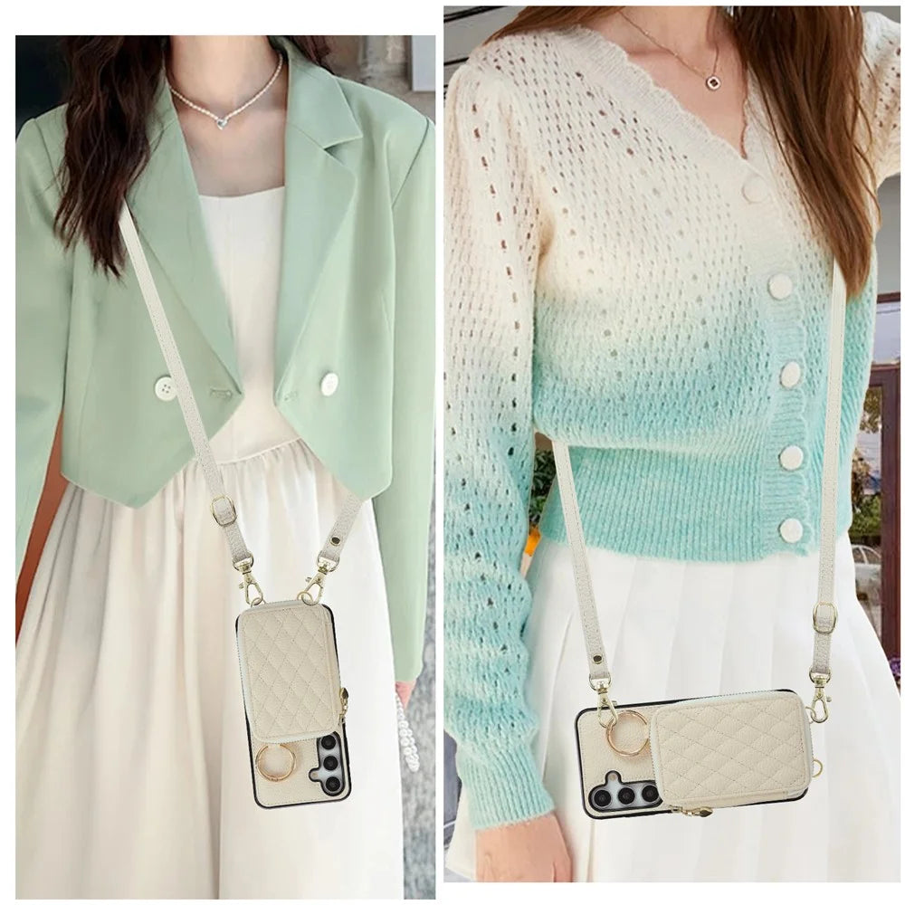 Phone Case For Samsung Galaxy S25+  /  S24+ Zipper Card Holder PU Leather Phone Back Cover with Shoulder Strap - Beige - 6