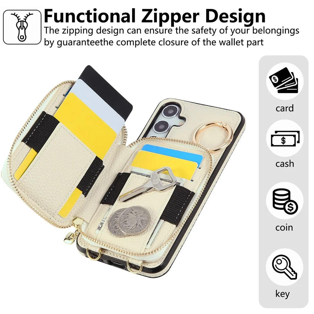 Phone Case For Samsung Galaxy S25+  /  S24+ Zipper Card Holder PU Leather Phone Back Cover with Shoulder Strap - Beige - 7