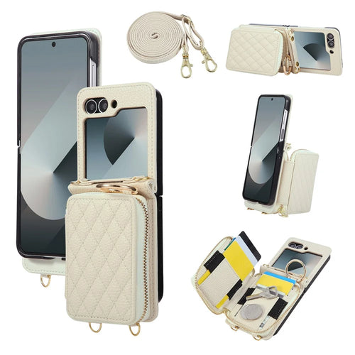 For Samsung Galaxy Z Flip6 5G Case Zipper Card Holder PU Leather Phone Back Cover with Shoulder Strap - Beige - 1
