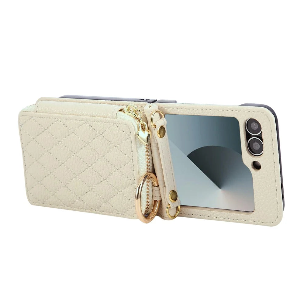 For Samsung Galaxy Z Flip6 5G Case Zipper Card Holder PU Leather Phone Back Cover with Shoulder Strap - Beige - 3
