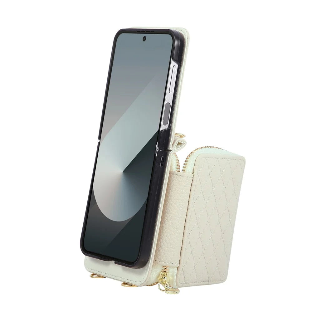 For Samsung Galaxy Z Flip6 5G Case Zipper Card Holder PU Leather Phone Back Cover with Shoulder Strap - Beige - 4