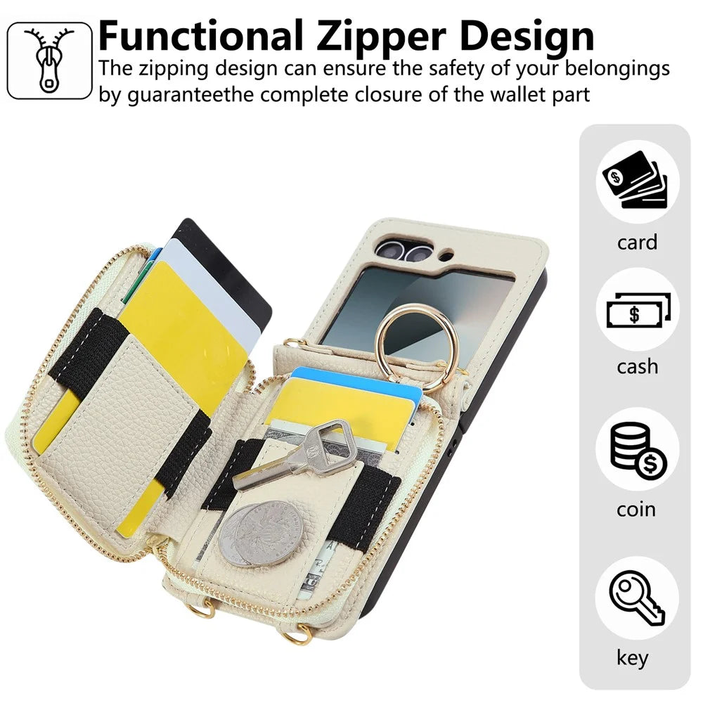 For Samsung Galaxy Z Flip6 5G Case Zipper Card Holder PU Leather Phone Back Cover with Shoulder Strap - Beige - 6