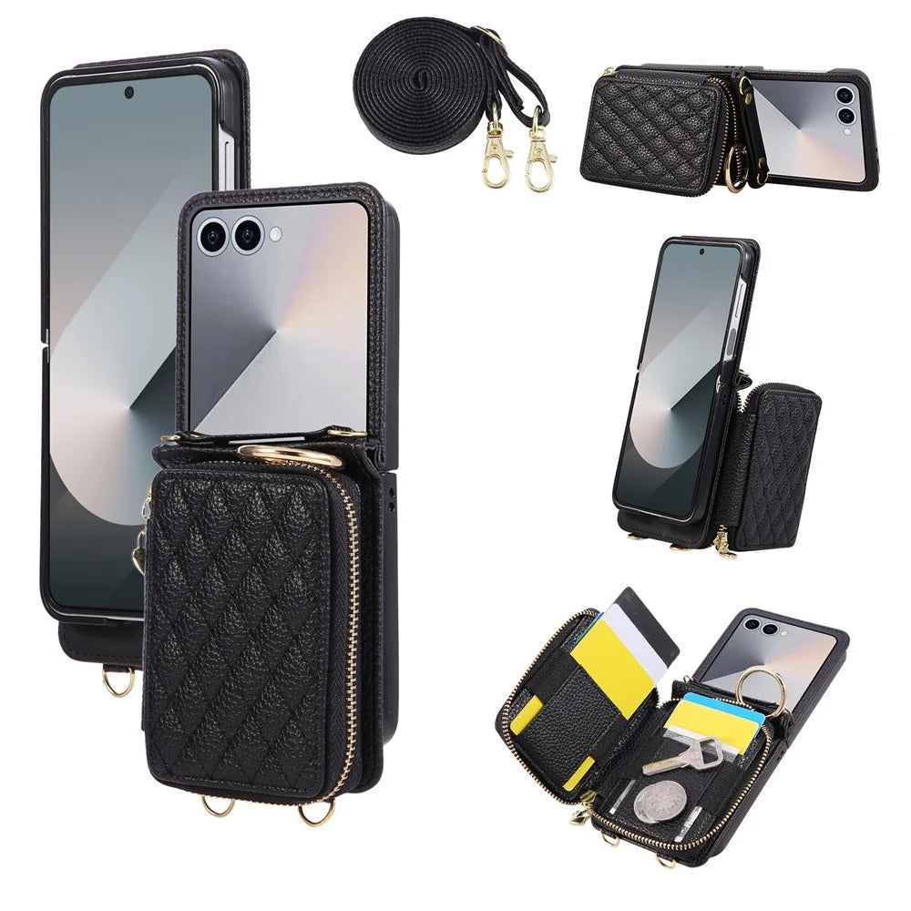 For Samsung Galaxy Z Flip7 5G Case Zipper Card Holder PU Leather Phone Back Cover with Shoulder Strap - Black - 1