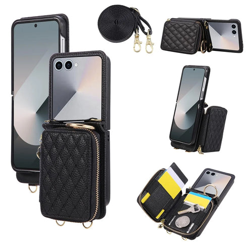 For Samsung Galaxy Z Flip7 5G Case Zipper Card Holder PU Leather Phone Back Cover with Shoulder Strap - Black - 1