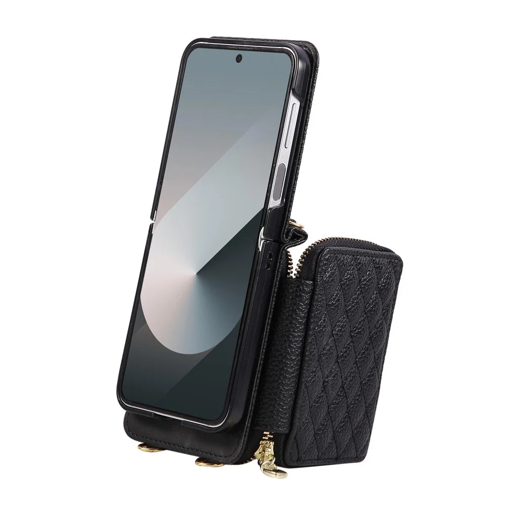 For Samsung Galaxy Z Flip7 5G Case Zipper Card Holder PU Leather Phone Back Cover with Shoulder Strap - Black - 3