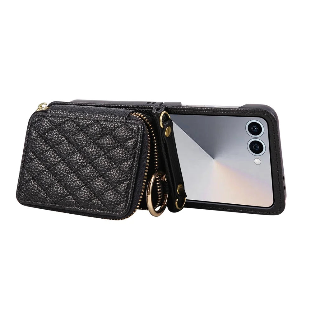 For Samsung Galaxy Z Flip7 5G Case Zipper Card Holder PU Leather Phone Back Cover with Shoulder Strap - Black - 4