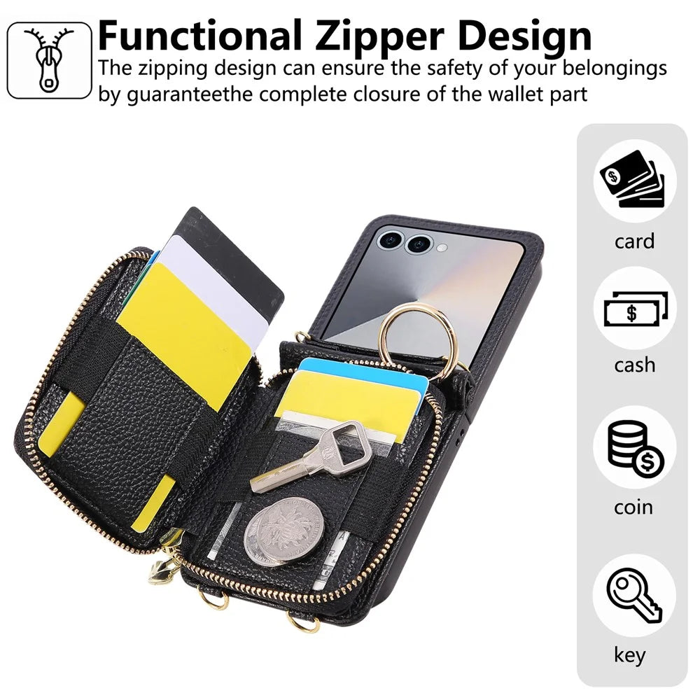 For Samsung Galaxy Z Flip7 5G Case Zipper Card Holder PU Leather Phone Back Cover with Shoulder Strap - Black - 6