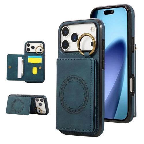 For iPhone 18 Pro / 17 Pro Case Card Holder Kickstand Leather + TPU Phone Cover with Ring Holder - Green - 1
