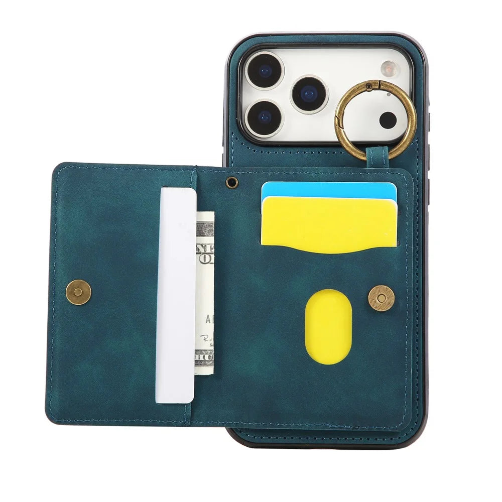 For iPhone 18 Pro / 17 Pro Case Card Holder Kickstand Leather + TPU Phone Cover with Ring Holder - Green - 4