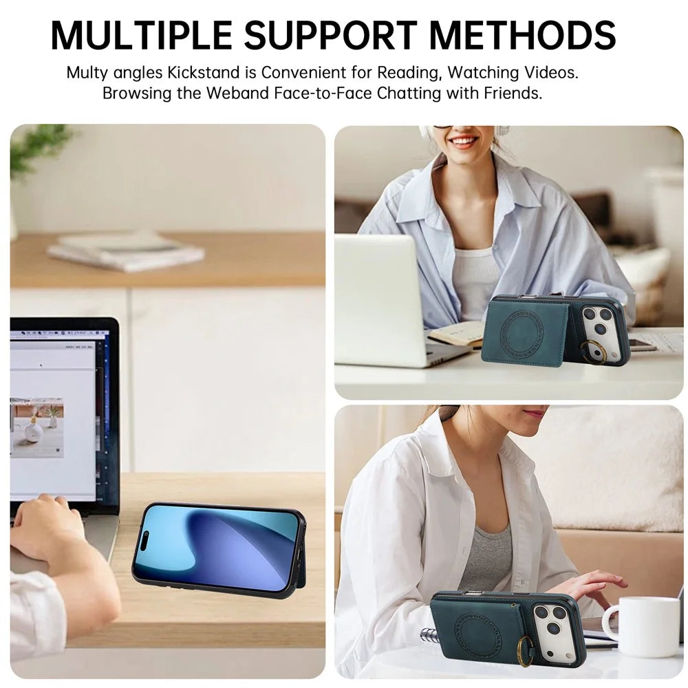 For iPhone 18 Pro / 17 Pro Case Card Holder Kickstand Leather + TPU Phone Cover with Ring Holder - Green - 5