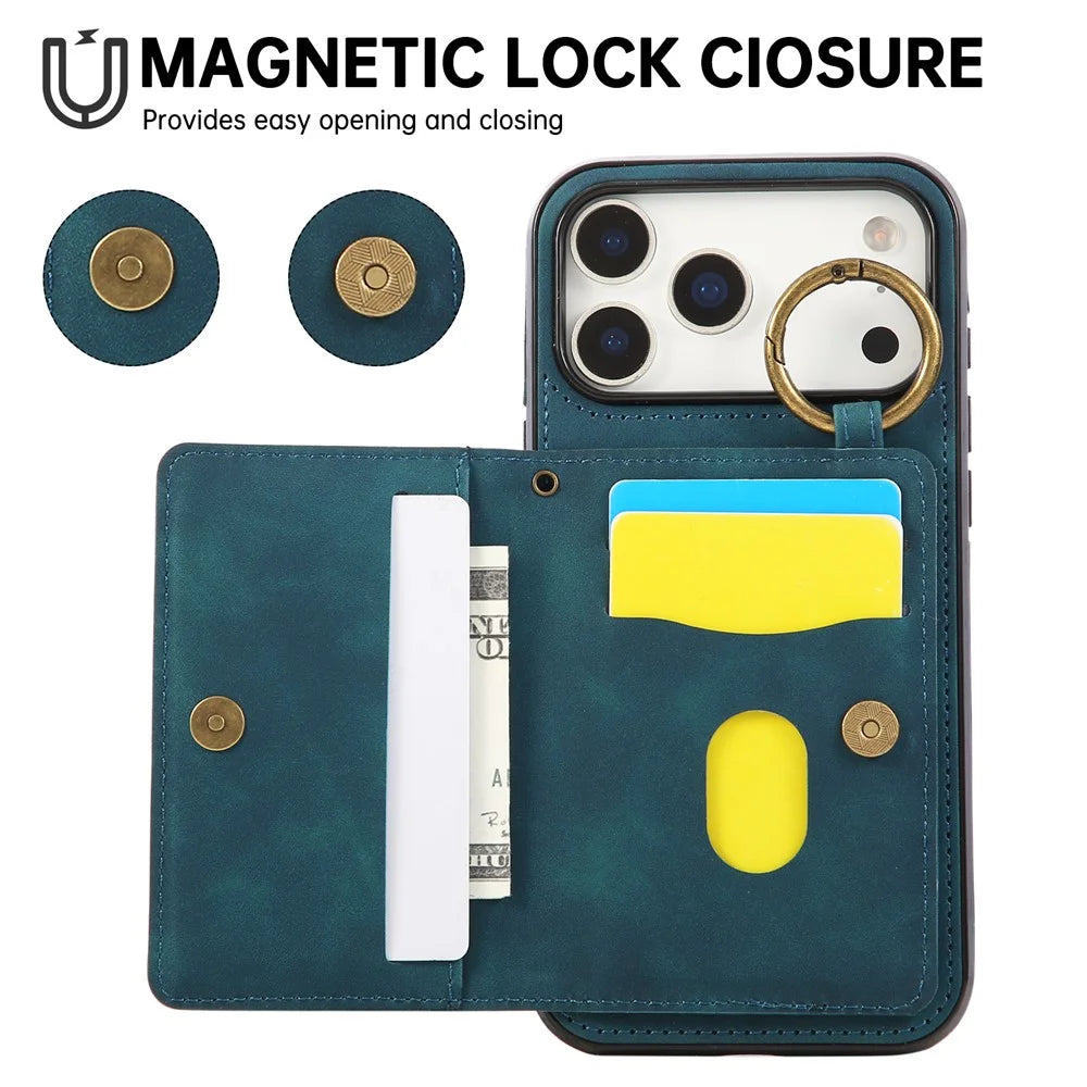 For iPhone 18 Pro / 17 Pro Case Card Holder Kickstand Leather + TPU Phone Cover with Ring Holder - Green - 7