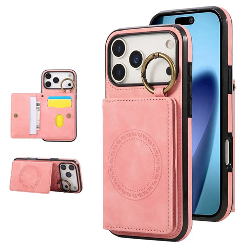 For iPhone 18 Pro Max / 17 Pro Max Case Card Holder Kickstand Leather + TPU Phone Cover with Ring Holder - Rose Gold - 1