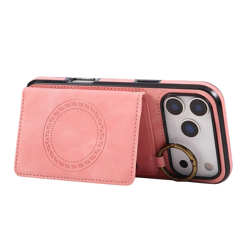 For iPhone 18 Pro Max / 17 Pro Max Case Card Holder Kickstand Leather + TPU Phone Cover with Ring Holder - Rose Gold - 2