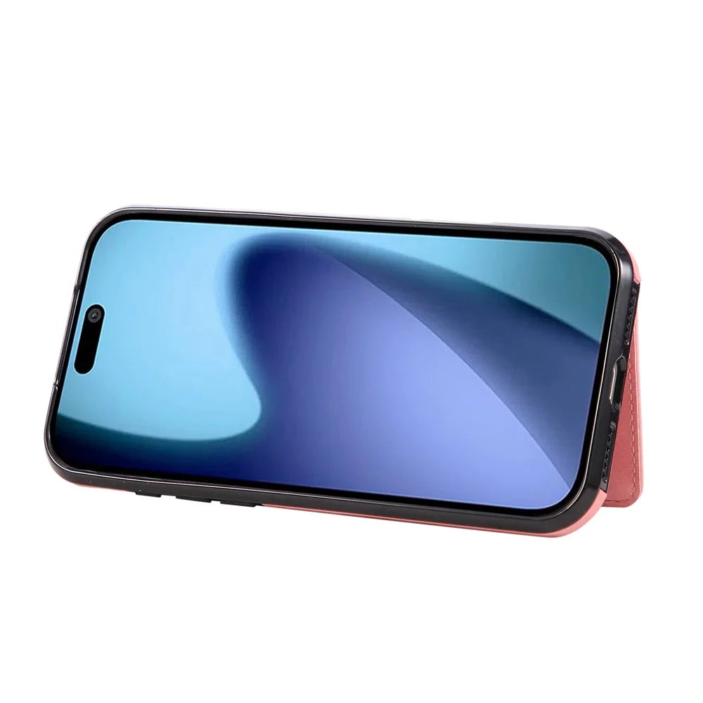 For iPhone 18 Pro Max / 17 Pro Max Case Card Holder Kickstand Leather + TPU Phone Cover with Ring Holder - Rose Gold - 3