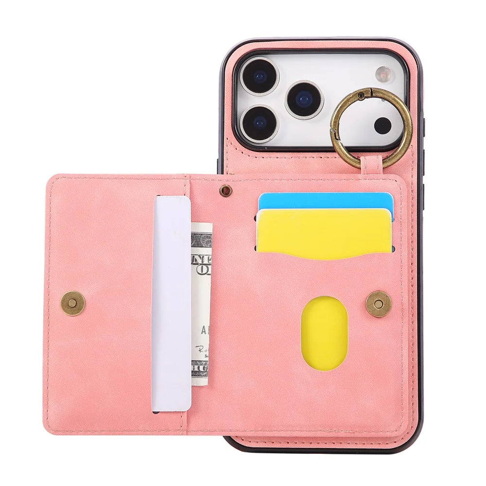 For iPhone 18 Pro Max / 17 Pro Max Case Card Holder Kickstand Leather + TPU Phone Cover with Ring Holder - Rose Gold - 4