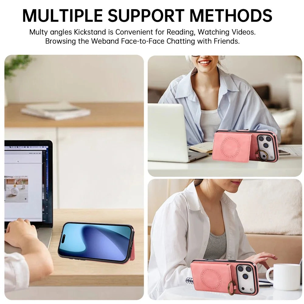 For iPhone 18 Pro Max / 17 Pro Max Case Card Holder Kickstand Leather + TPU Phone Cover with Ring Holder - Rose Gold - 5
