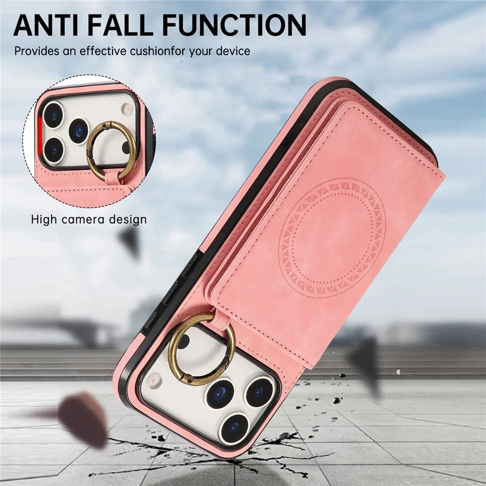 For iPhone 18 Pro Max / 17 Pro Max Case Card Holder Kickstand Leather + TPU Phone Cover with Ring Holder - Rose Gold - 6