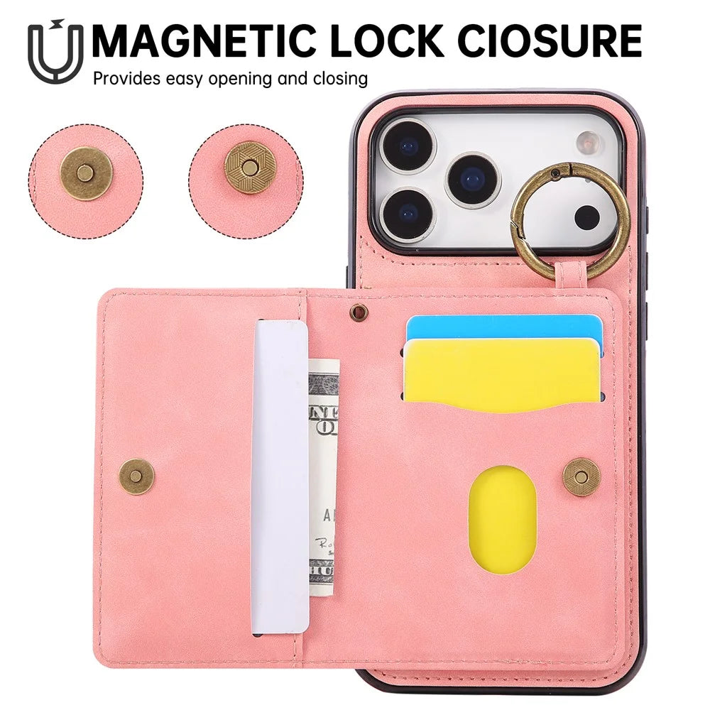 For iPhone 18 Pro Max / 17 Pro Max Case Card Holder Kickstand Leather + TPU Phone Cover with Ring Holder - Rose Gold - 7
