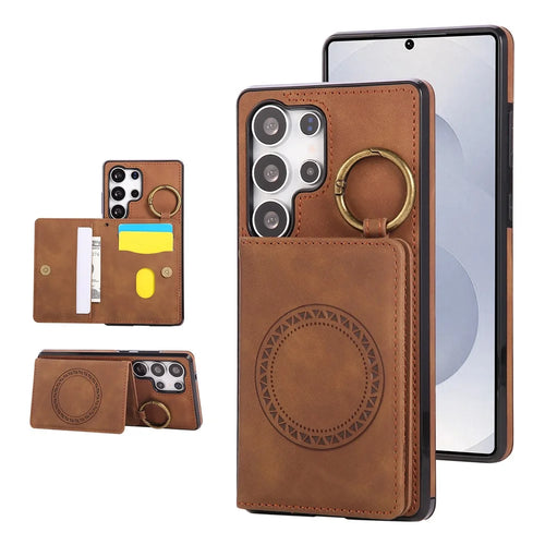 For Samsung Galaxy S26 Ultra Case Card Holder Kickstand Leather + TPU Phone Cover with Ring Holder - Brown - 1