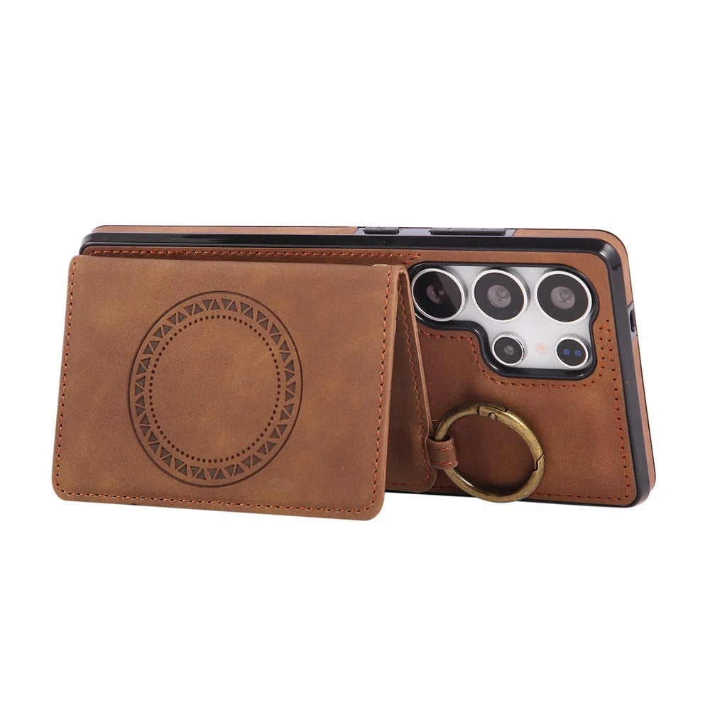 For Samsung Galaxy S26 Ultra Case Card Holder Kickstand Leather + TPU Phone Cover with Ring Holder - Brown - 3