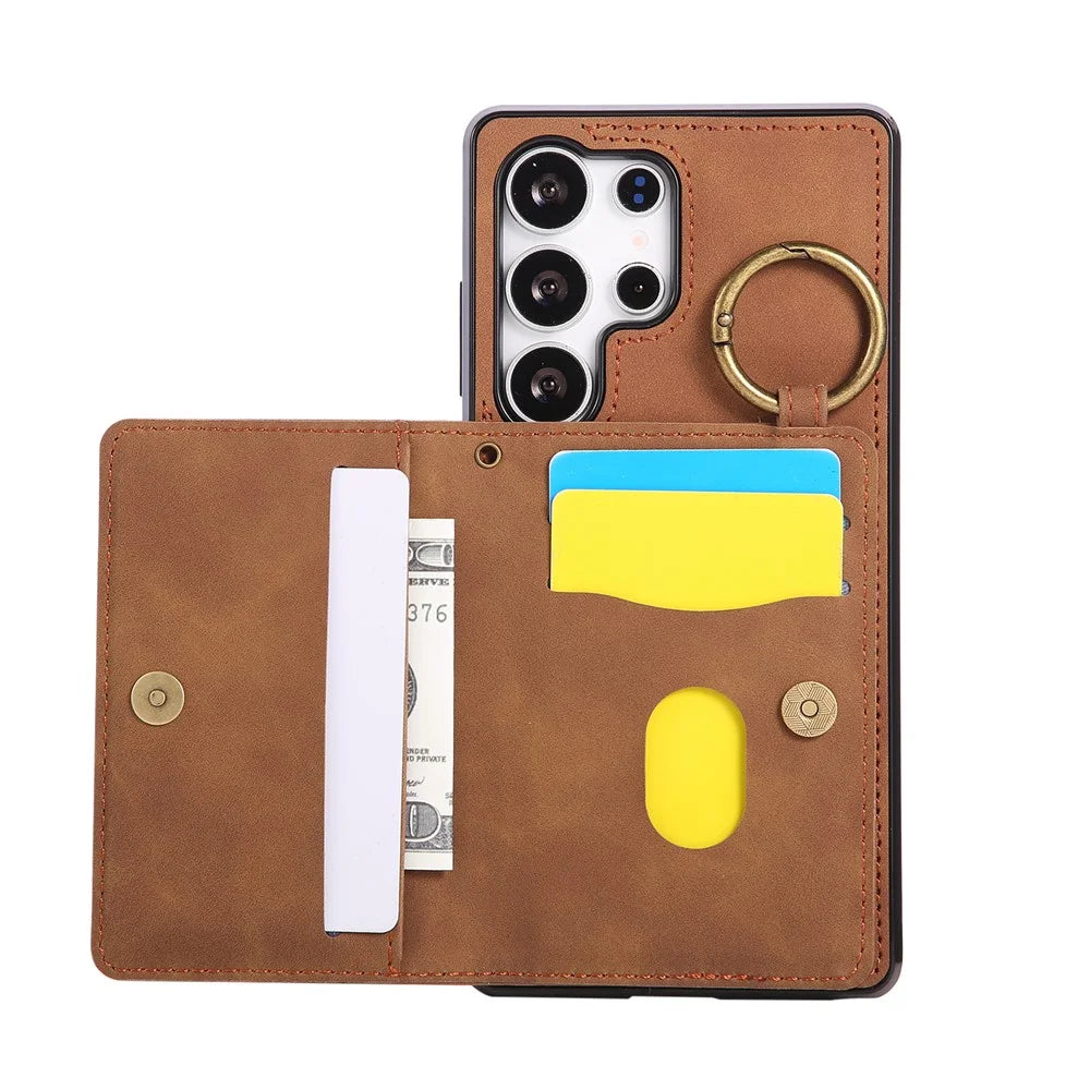 For Samsung Galaxy S26 Ultra Case Card Holder Kickstand Leather + TPU Phone Cover with Ring Holder - Brown - 4