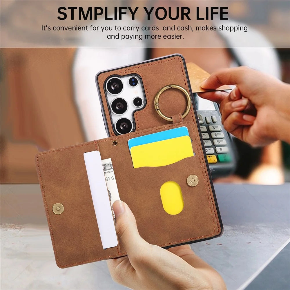 For Samsung Galaxy S26 Ultra Case Card Holder Kickstand Leather + TPU Phone Cover with Ring Holder - Brown - 5