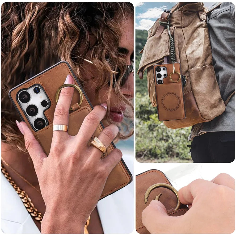 For Samsung Galaxy S26 Ultra Case Card Holder Kickstand Leather + TPU Phone Cover with Ring Holder - Brown - 6