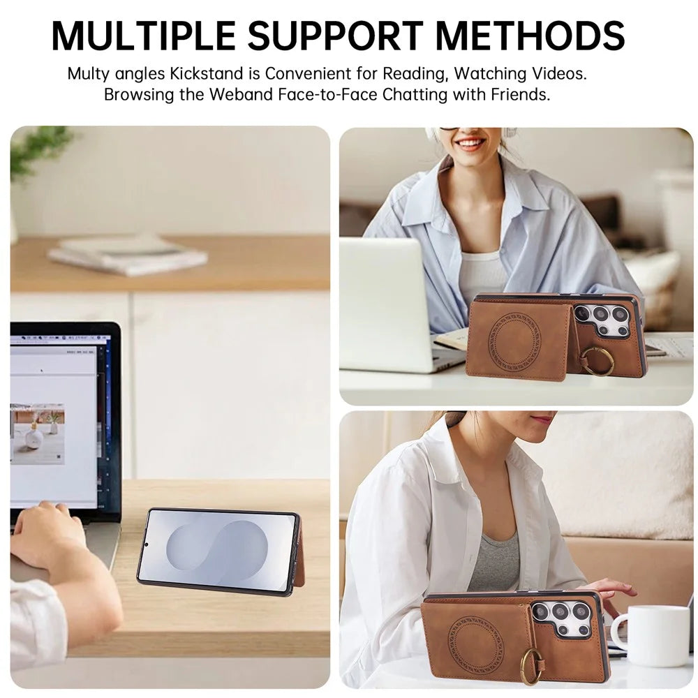 For Samsung Galaxy S26 Ultra Case Card Holder Kickstand Leather + TPU Phone Cover with Ring Holder - Brown - 7