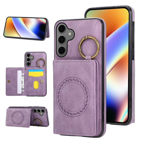 For Samsung Galaxy S26+ Case Card Holder Kickstand Leather + TPU Phone Cover with Ring Holder - Purple - 1
