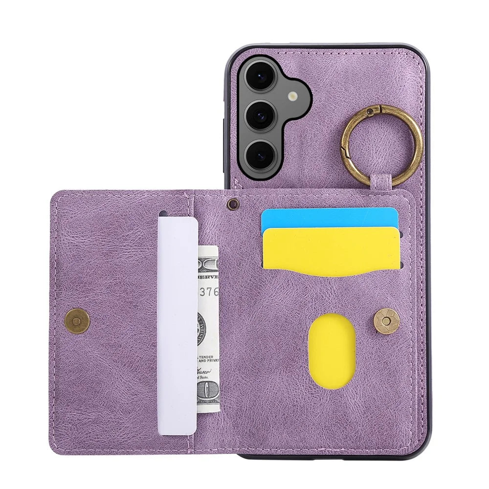 For Samsung Galaxy S26+ Case Card Holder Kickstand Leather + TPU Phone Cover with Ring Holder - Purple - 2