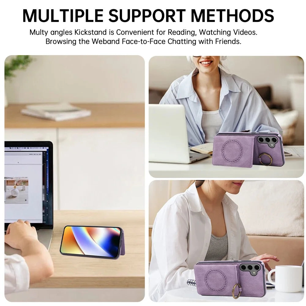 For Samsung Galaxy S26+ Case Card Holder Kickstand Leather + TPU Phone Cover with Ring Holder - Purple - 5