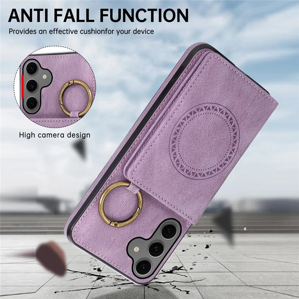 For Samsung Galaxy S26+ Case Card Holder Kickstand Leather + TPU Phone Cover with Ring Holder - Purple - 6