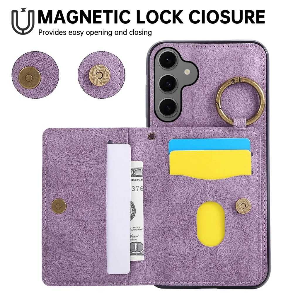 For Samsung Galaxy S26+ Case Card Holder Kickstand Leather + TPU Phone Cover with Ring Holder - Purple - 7