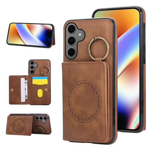 For Samsung Galaxy S26 Case Card Holder Kickstand Leather + TPU Phone Cover with Ring Holder - Brown - 1