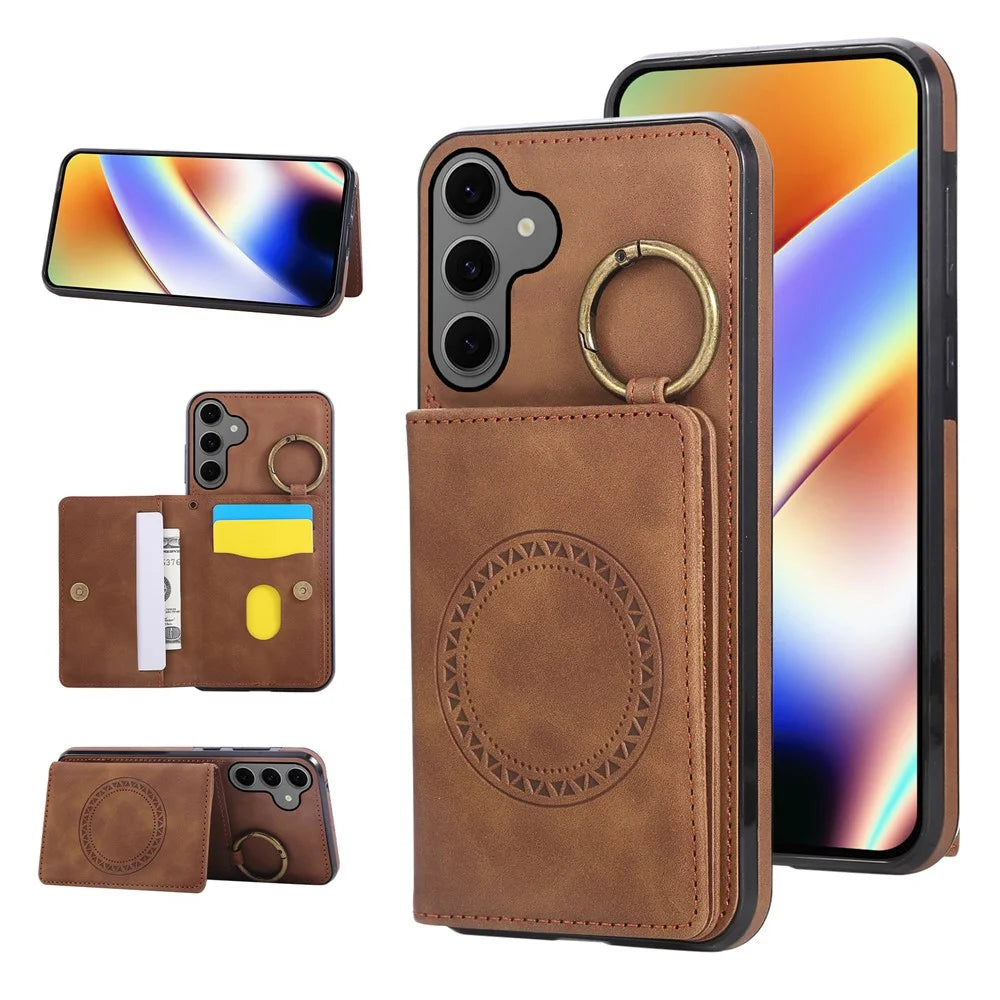 For Samsung Galaxy S26 Case Card Holder Kickstand Leather + TPU Phone Cover with Ring Holder - Brown - 1