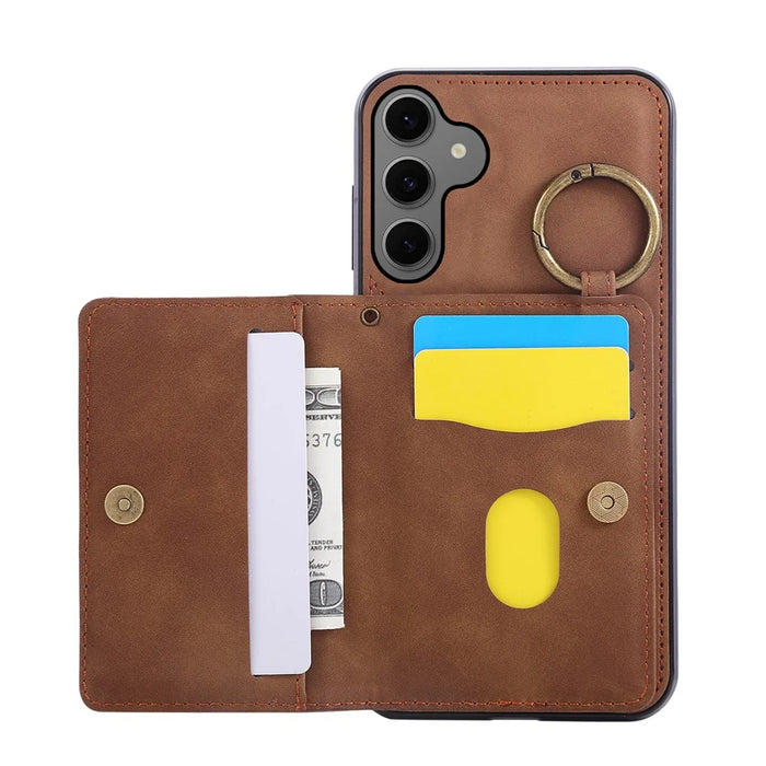 For Samsung Galaxy S26 Case Card Holder Kickstand Leather + TPU Phone Cover with Ring Holder - Brown - 2