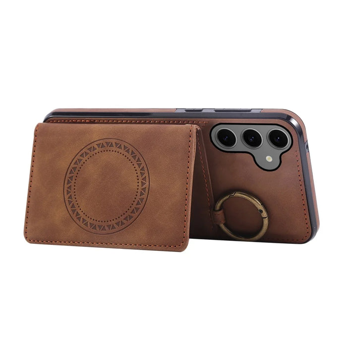 For Samsung Galaxy S26 Case Card Holder Kickstand Leather + TPU Phone Cover with Ring Holder - Brown - 3