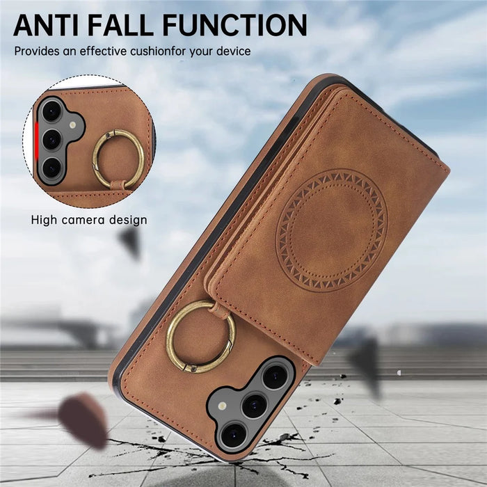 For Samsung Galaxy S26 Case Card Holder Kickstand Leather + TPU Phone Cover with Ring Holder - Brown - 6