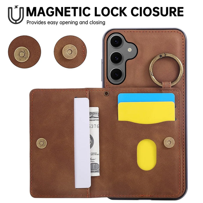 For Samsung Galaxy S26 Case Card Holder Kickstand Leather + TPU Phone Cover with Ring Holder - Brown - 7