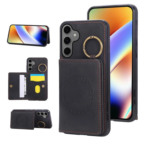 For Samsung Galaxy A37 5G Case Card Holder Kickstand Leather + TPU Phone Cover with Ring Holder - Black - 1