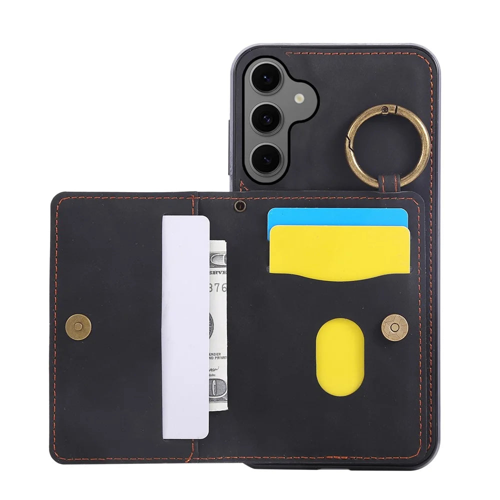 For Samsung Galaxy A37 5G Case Card Holder Kickstand Leather + TPU Phone Cover with Ring Holder - Black - 2