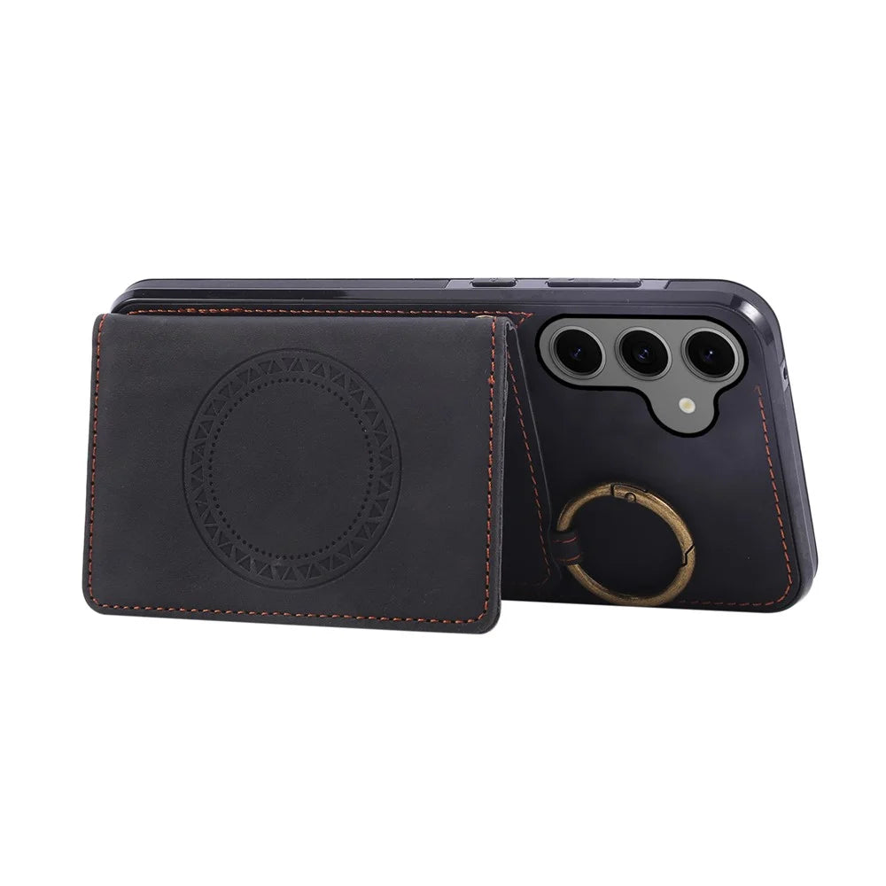 For Samsung Galaxy A37 5G Case Card Holder Kickstand Leather + TPU Phone Cover with Ring Holder - Black - 3