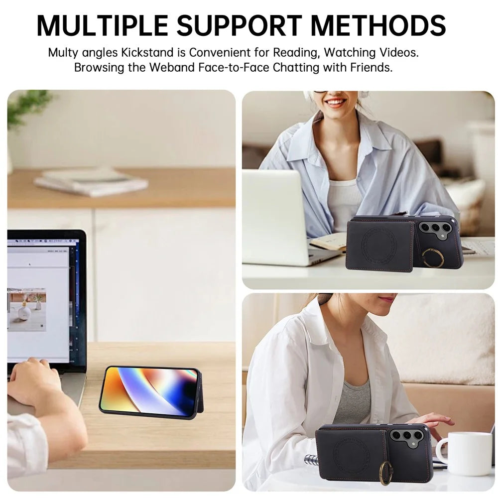 For Samsung Galaxy A37 5G Case Card Holder Kickstand Leather + TPU Phone Cover with Ring Holder - Black - 5