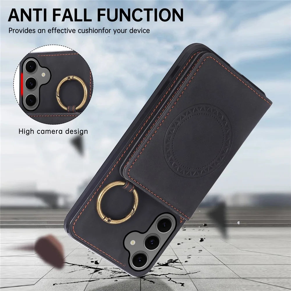 For Samsung Galaxy A37 5G Case Card Holder Kickstand Leather + TPU Phone Cover with Ring Holder - Black - 6