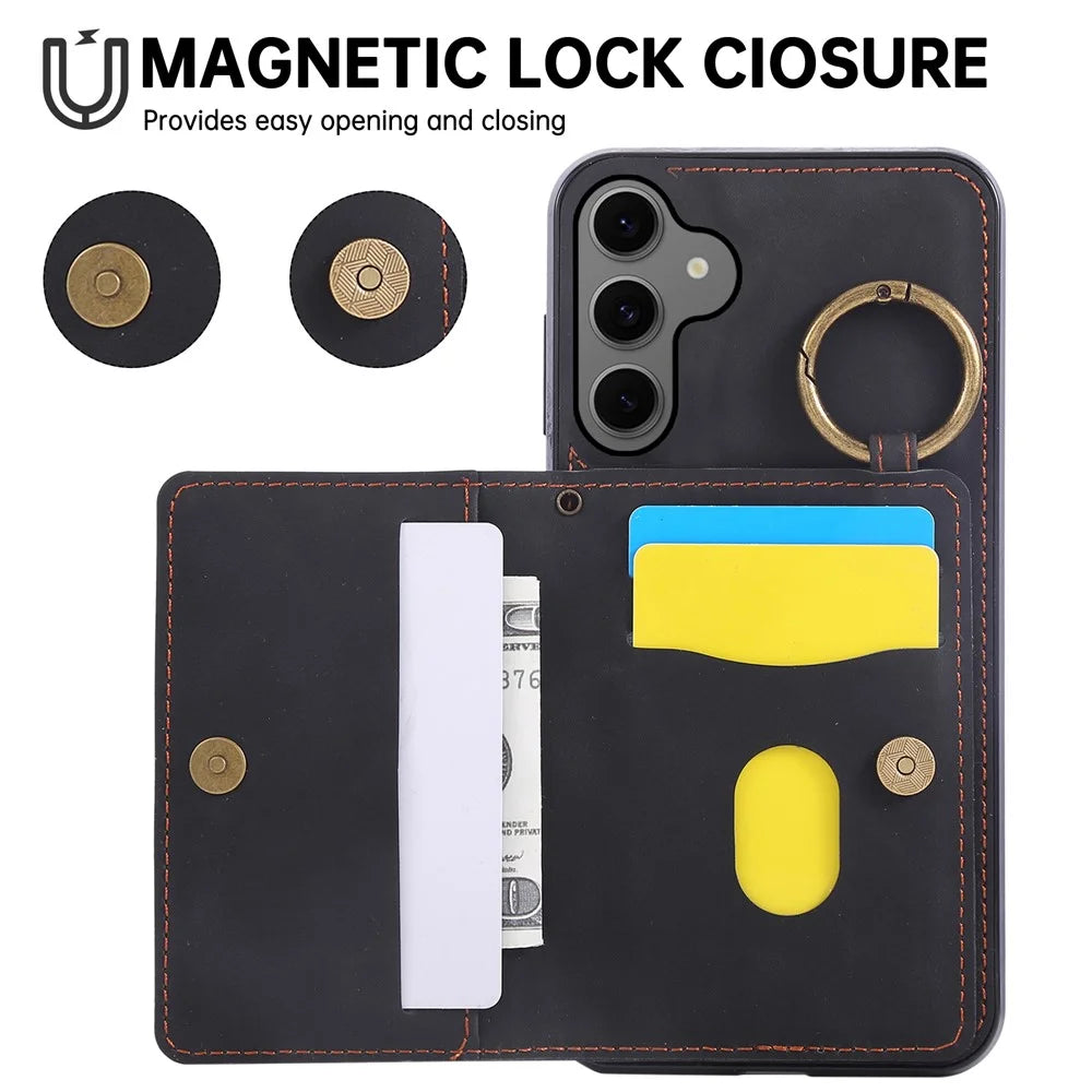 For Samsung Galaxy A37 5G Case Card Holder Kickstand Leather + TPU Phone Cover with Ring Holder - Black - 7