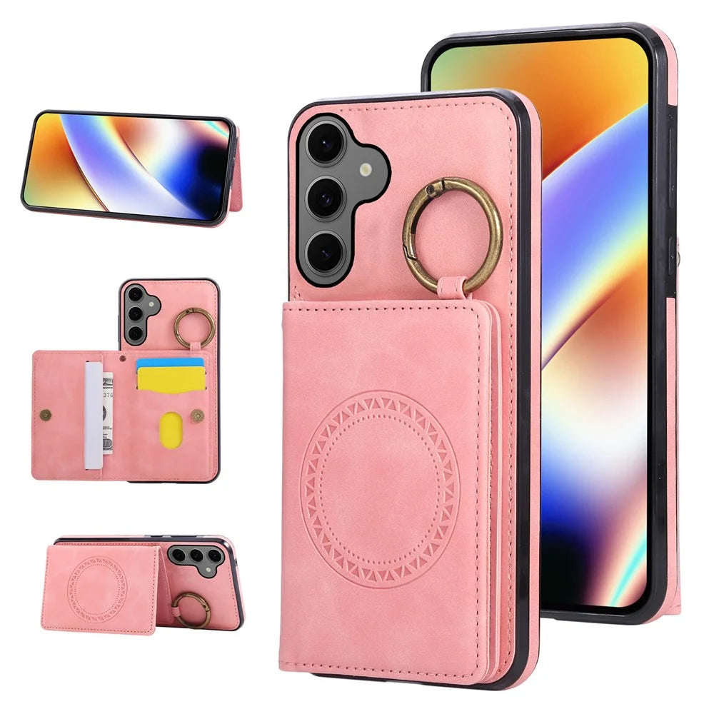 For Samsung Galaxy A57 5G Case Card Holder Kickstand Leather + TPU Phone Cover with Ring Holder - Rose Gold - 1