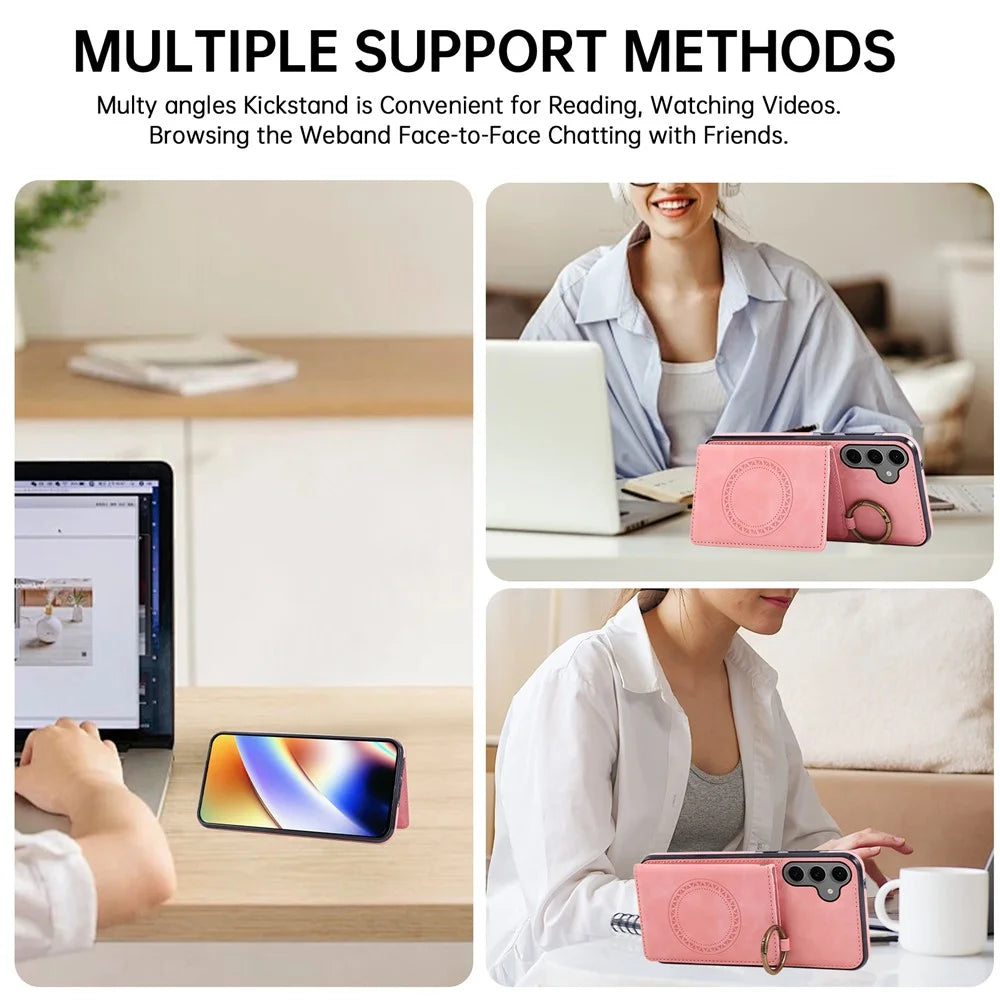 For Samsung Galaxy A57 5G Case Card Holder Kickstand Leather + TPU Phone Cover with Ring Holder - Rose Gold - 5
