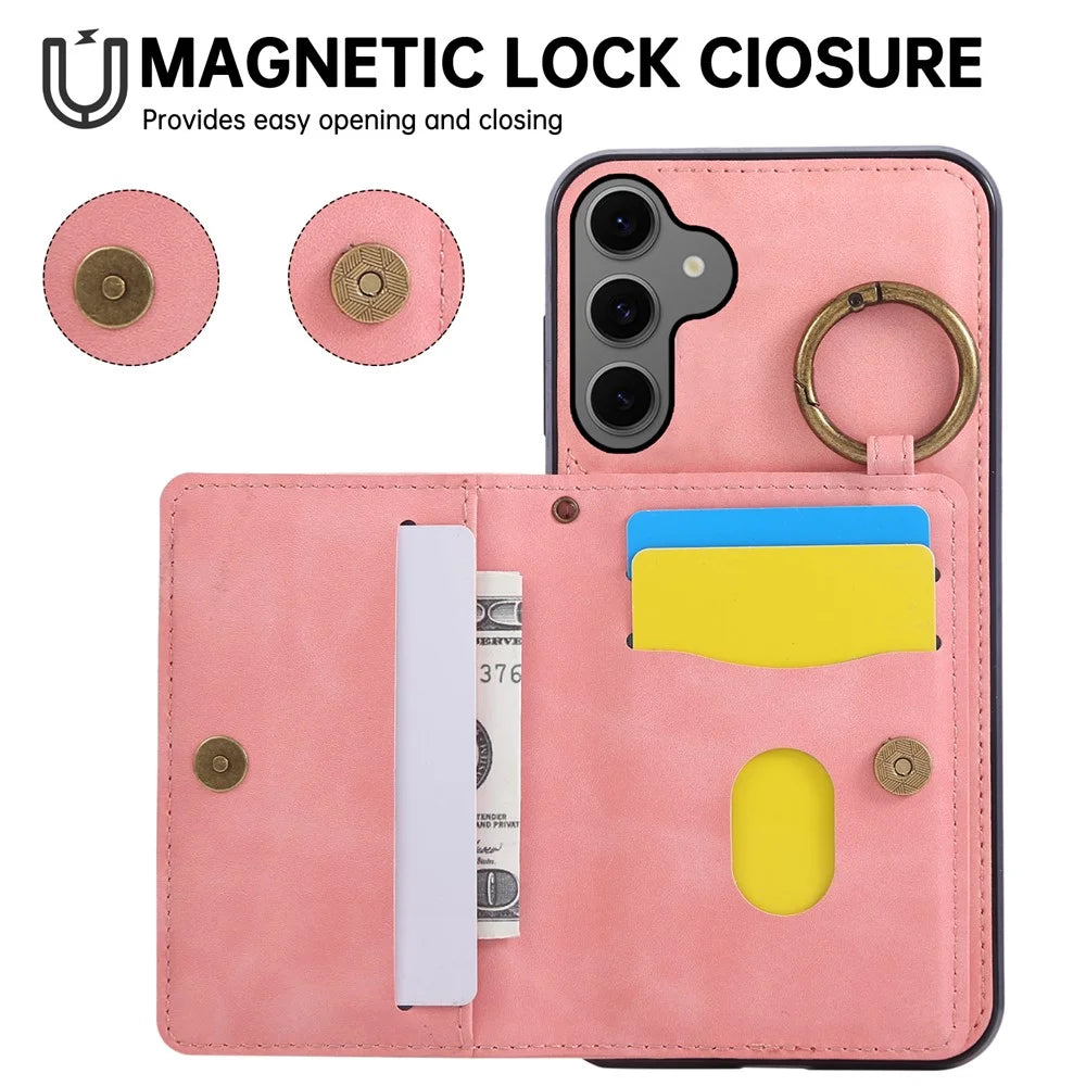 For Samsung Galaxy A57 5G Case Card Holder Kickstand Leather + TPU Phone Cover with Ring Holder - Rose Gold - 7